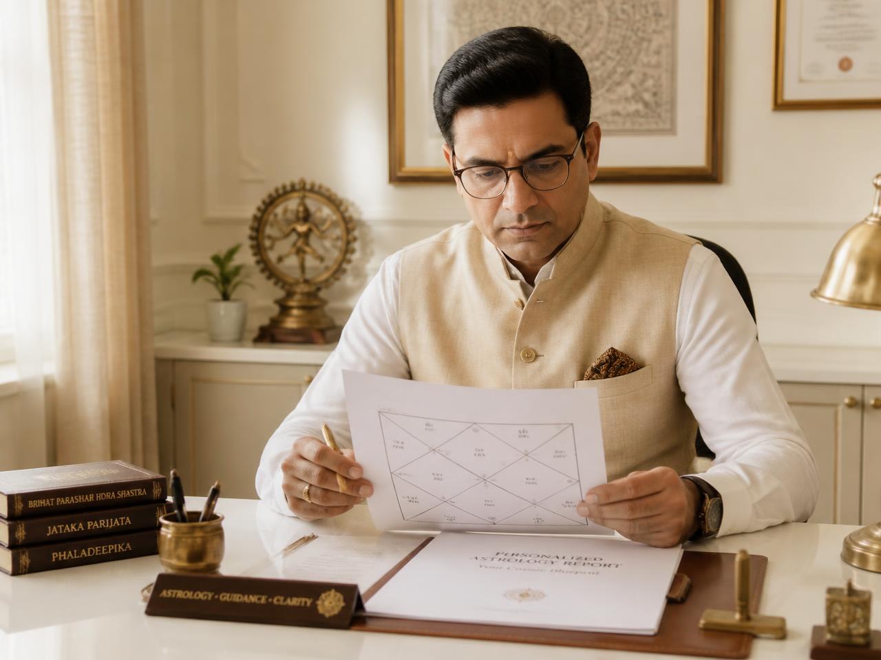 An astrologer reviewing a personalized birth chart and report